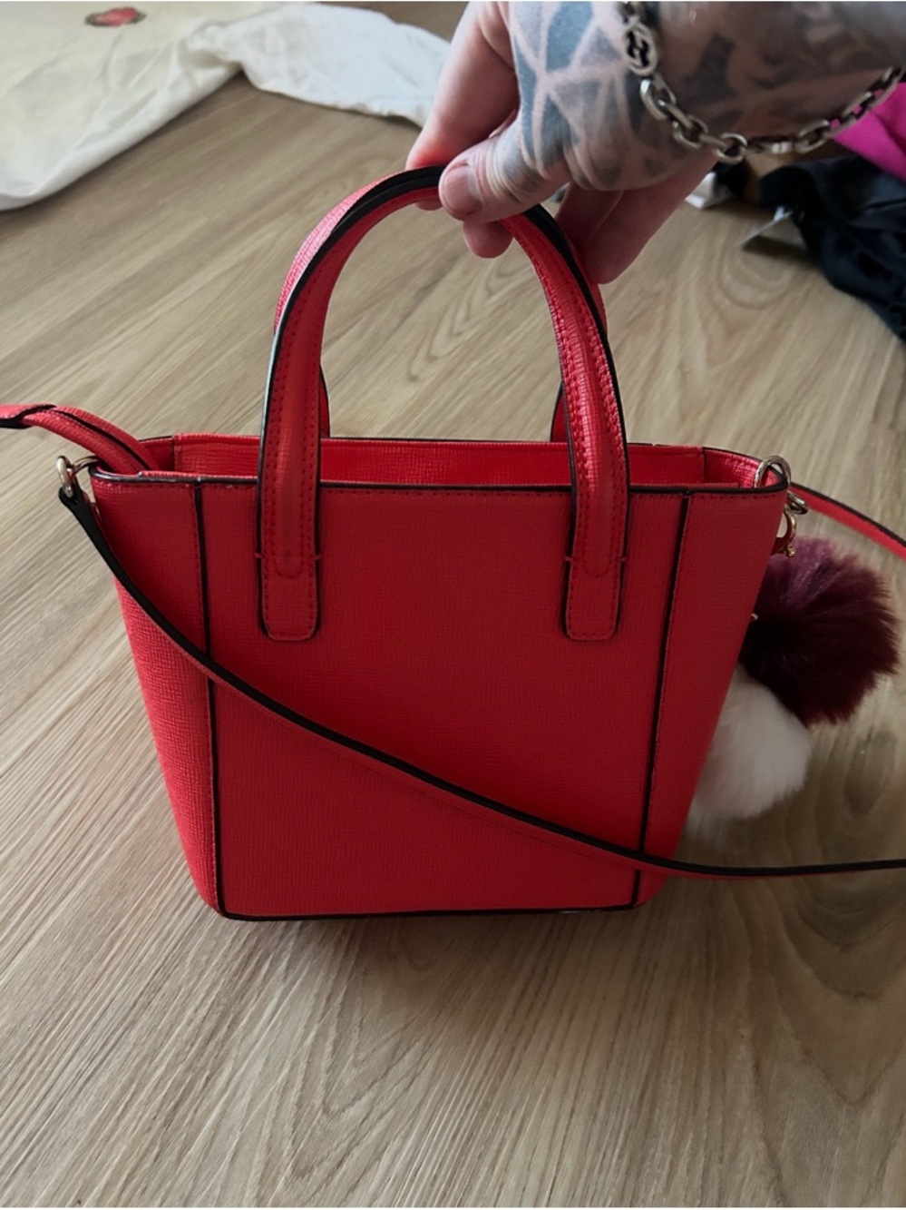 GUESS Kamryn Mini Tote Coral-Red with Pom Pom Charm - Picture 6 of 6